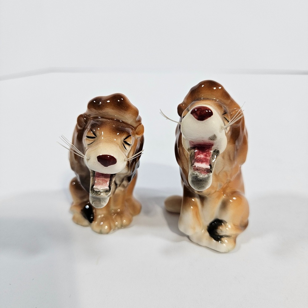 Vintage Yawning Lion Salt and Pepper‎ Shakers Ceramic Japan Brown Mid Century